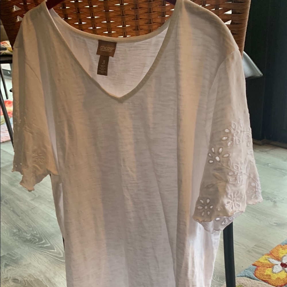 Chico's White Embroidered Sleeve Top